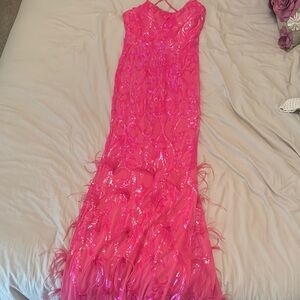 Vibrant Pink Feathered Gown Prom, Wedding, Party, special occasion